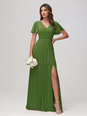 Flatterrmel Rüschen Chiffon Kleid mit Gürtel Moos