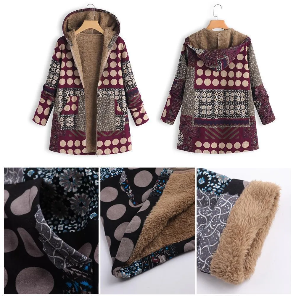 Gepunkteter Mantel mit Kapuze und Patchwork-Muster