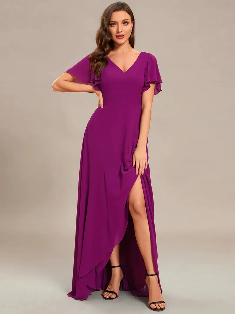 High Low Chiffon Kleid mit V-Ausschnitt & Raffungen