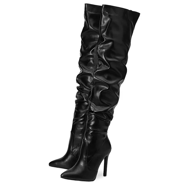 Straßenmode, hohe Absatz gerüschte Kunstleder Overknee-Stiefel mit spitze Zehenpartie