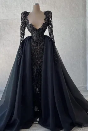 Vintage Abendkleider Lang Schwarz | Spitze Abiballkleider Mit Ärmel